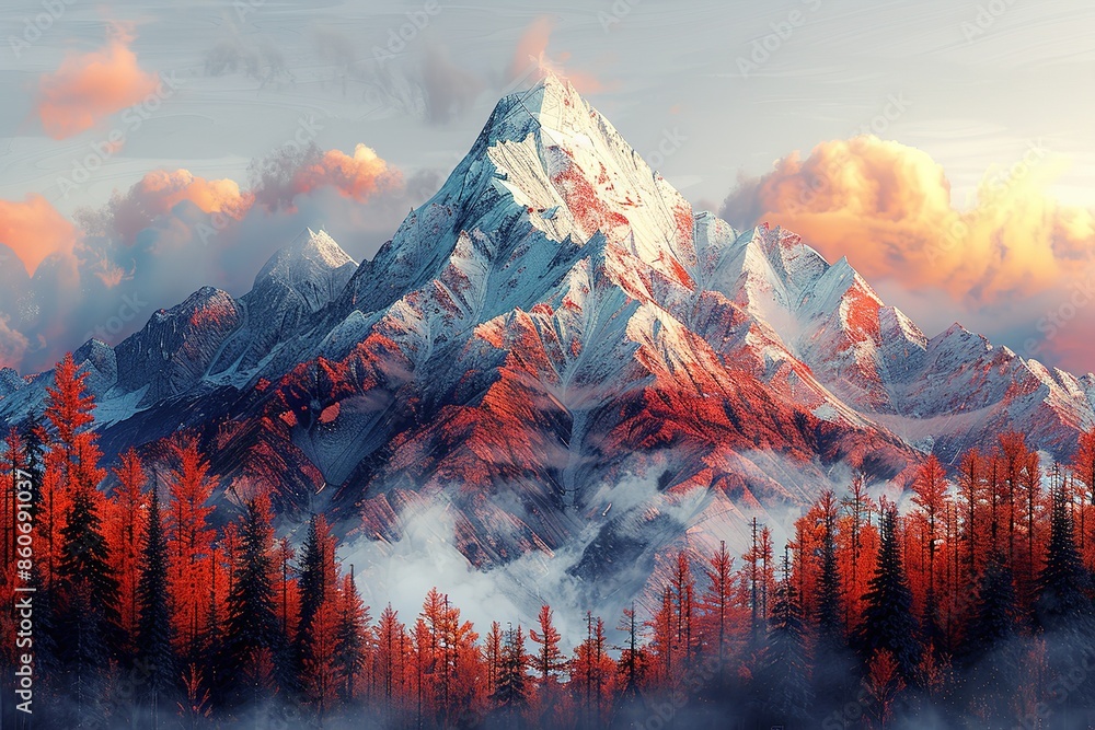 Poster a mountain range with snow and trees in the foreground