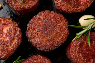 Pan grilled, plant based vegan meat steak with herbs. Alternatives meat. Eco friendly healthy food,