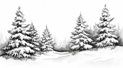 Obraz premium Black and white winter landscape with snow-covered pine trees.