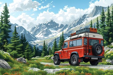 A red car is parked in a grassy field next to a mountain range