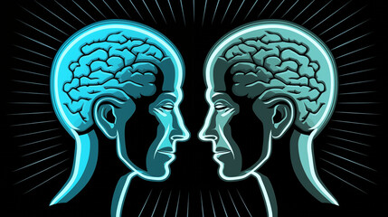 Two stylized human profiles facing each other with their brains visible, glowing in blue tones...Depiction of cognitive connection and mutual understanding through a vibrant, futuristic illustration
