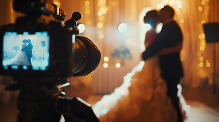 A video camera is filming the first dance of the bride and groom Selective focus Professional videographer and wedding photographer : Generative AI