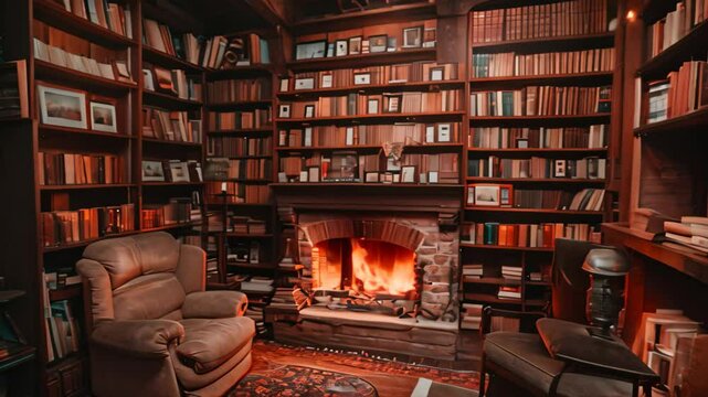 A room filled with shelves of books and a crackling fireplace, creating a cozy atmosphere, Cozy library with shelves of old books and a crackling fireplace