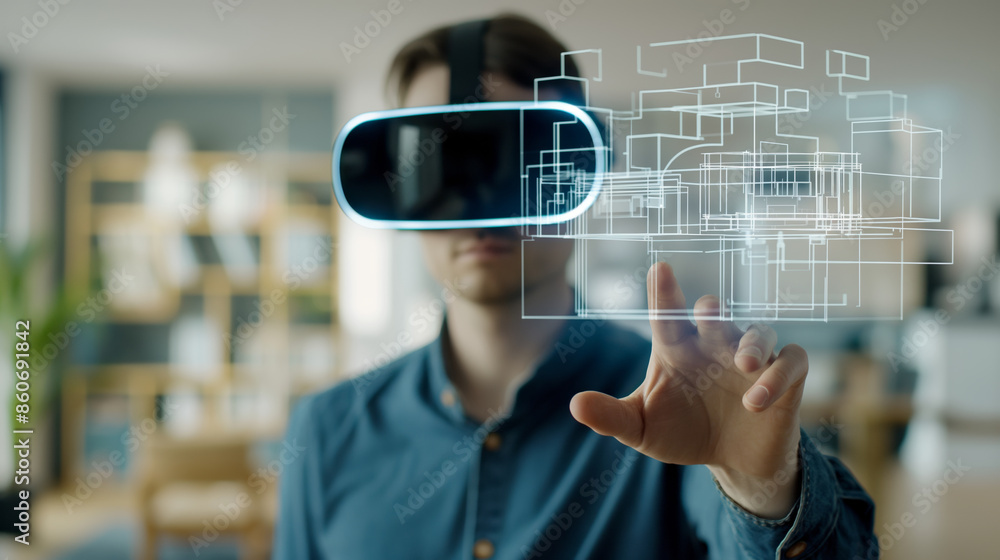 Aufkleber a man wearing vr glasses interacts with a holographic architectural model in a modern office...explo