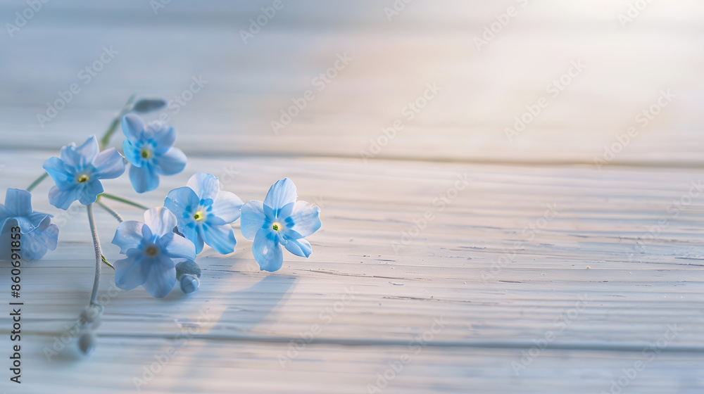 Poster Forgetmenots on a light wooden background selective focus spring mood Copy space : Generative AI