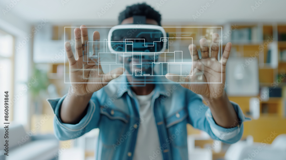 Aufkleber a man wearing vr glasses interacts with a virtual blueprint of a building. immersive technology in a