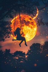 A young girl sitting on a swing under the light of a full moon