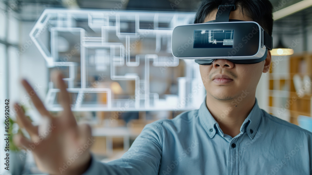 Aufkleber a man wearing vr glasses interacts with a virtual 3d layout in a modern office environment. advanced