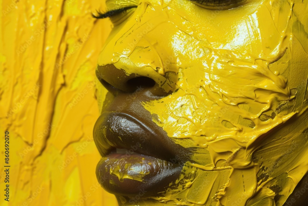 Aufkleber close-up portrait of a person with yellow face paint, suitable for creative projects and artistic ex