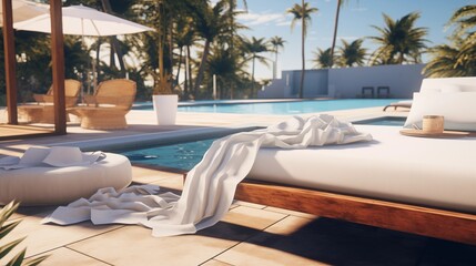 Luxurious poolside lounging with towels and clear water