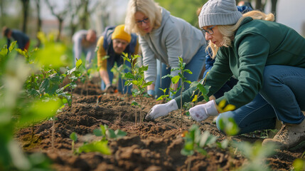 A group of elderly volunteers planting young trees in a community garden on a sunny day...Elderly volunteers engage in tree planting, promoting community involvement and environmental care