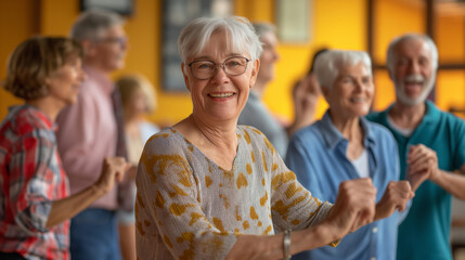 Fototapeta premium An elderly woman with white hair and glasses smiles joyfully while participating in a group activity...Happy seniors engaging in a social activity, fostering community and joy in a lively setting