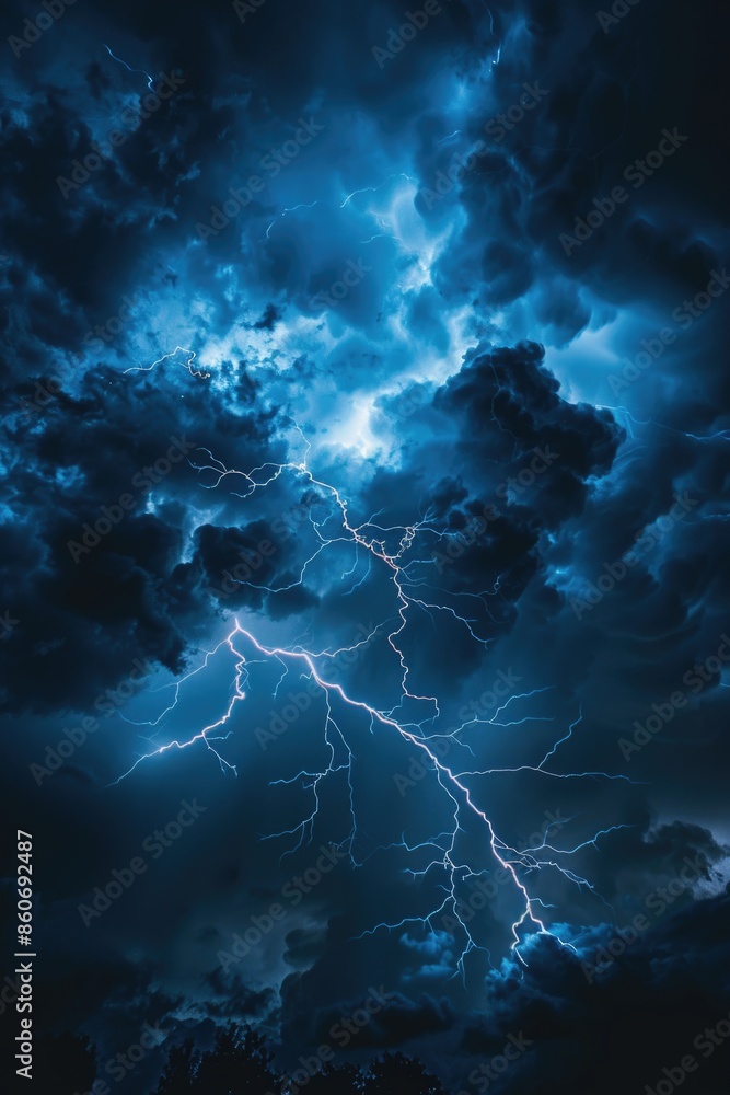 Poster a dramatic scene of a lightning storm unfolding in the night sky, illuminated by flashes of electric