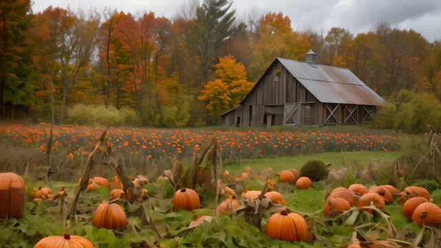 A large field filled with pumpkins stretching towards a rustic barn in the background, Cozy pumpkin patch with a rustic barn in the background