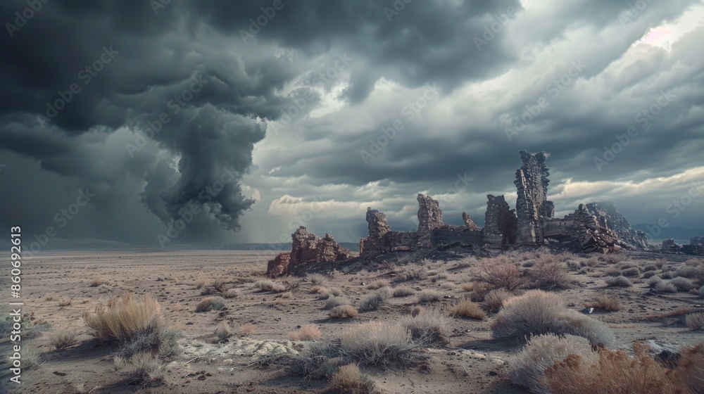 Poster desert scenery with rocky formations and sparse vegetation, suitable for use in travel or adventure 