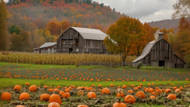 A field filled with pumpkins under the clear sky, with a barn visible in the distance, Cozy pumpkin patch with a rustic barn in the background