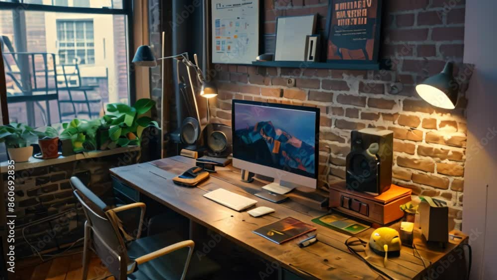 Poster a desk displaying a computer on top of it, set up for work or study, cozy workspaces with personaliz