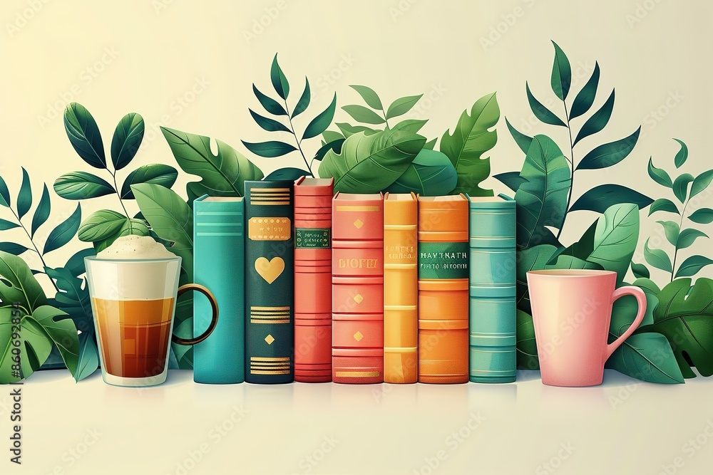 Poster a row of books and a mug are on a table