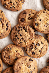 Homemade Gooey Chocolate Chip Cookies, top view. Overhead, flat lay.