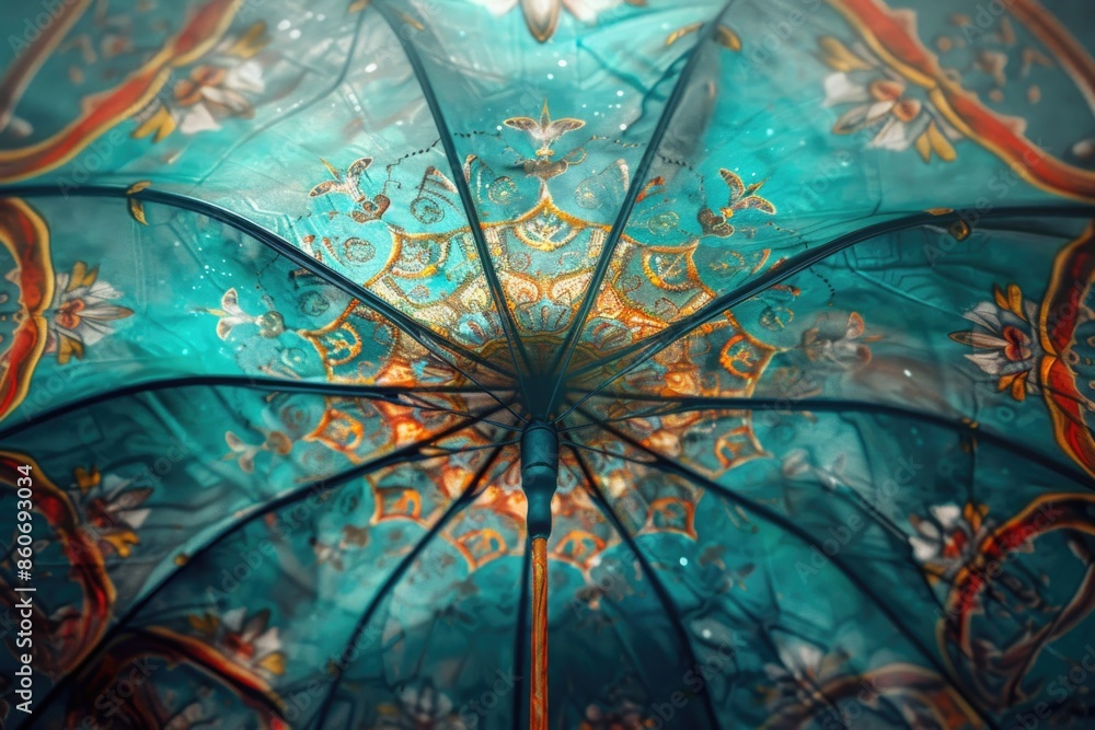 Poster A close-up view of a blue umbrella with a unique pattern on it