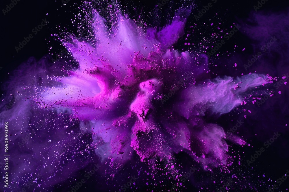 Poster A vibrant cloud of purple powder explodes in the air against a dark backdrop, perfect for adding a pop of color to any design