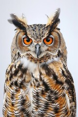 Obraz premium A detailed image of an owl's face with bright orange eyes, suitable for use in educational materials or nature-themed designs