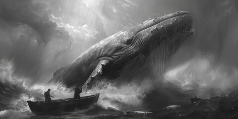 Fototapeta premium A person standing on the deck of a small boat, facing a massive whale swimming nearby