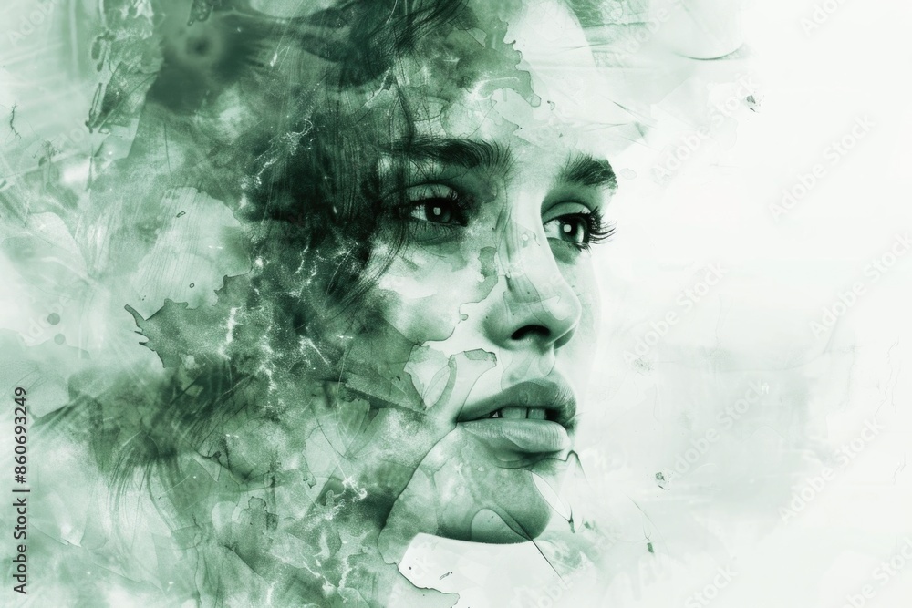 Poster a woman's face with a green background, suitable for use in design and art projects