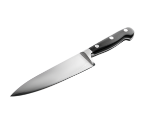 Professional chef's knife with a sharp blade and comfortable grip, shown on a light grey background.