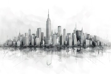 A city skyline with a tall building in the middle