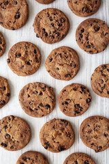 Homemade Gooey Chocolate Chip Cookies, top view. Overhead, flat lay.