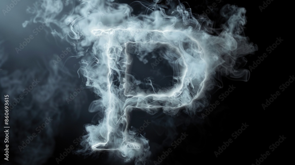 Poster a stylized representation of the letter p composed of wispy smoke, potentially used for typography o