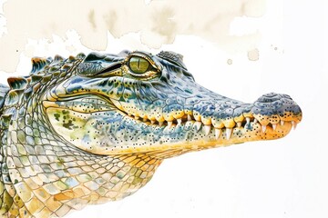 Obraz premium Watercolor illustration of an alligator's head with vibrant colors and intricate details, suitable for educational or decorative purposes