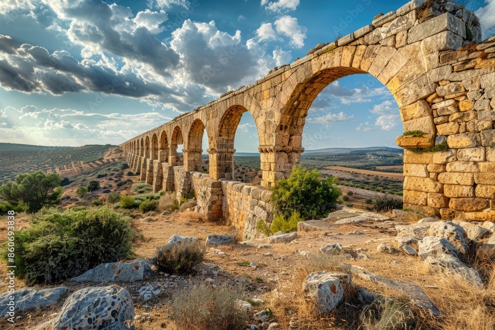 Aufkleber a historic stone bridge with rounded arches on either side, perfect for use in historical or archite