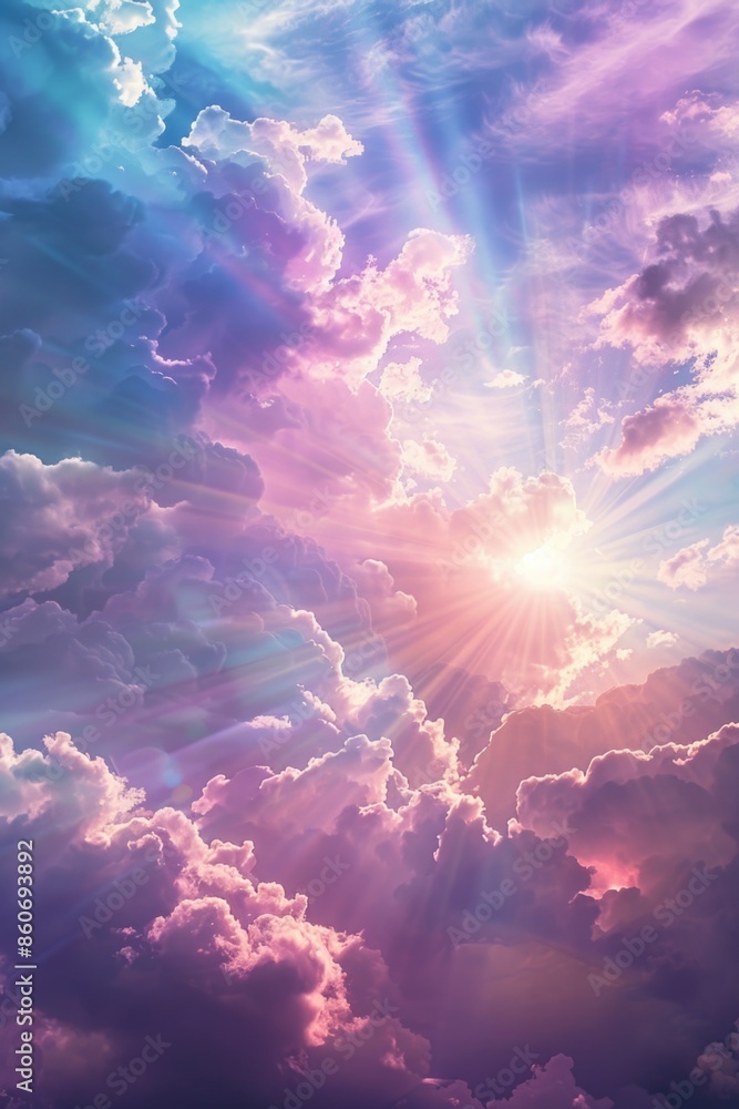 Poster a sunny day with sunlight shining through the clouds, suitable for use in outdoor or weather-related