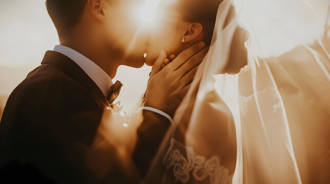 A bride and groom kissing on their wedding day focus on hands : Generative AI
