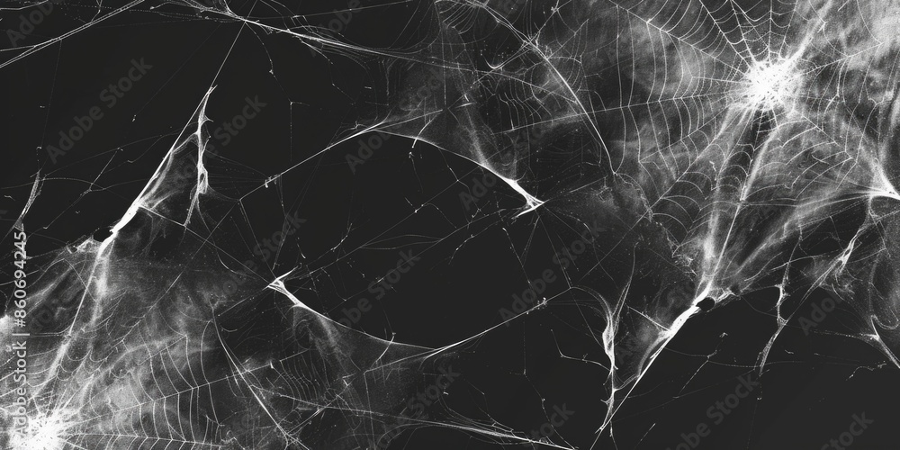 Poster a close-up shot of a spider web in monochrome tones