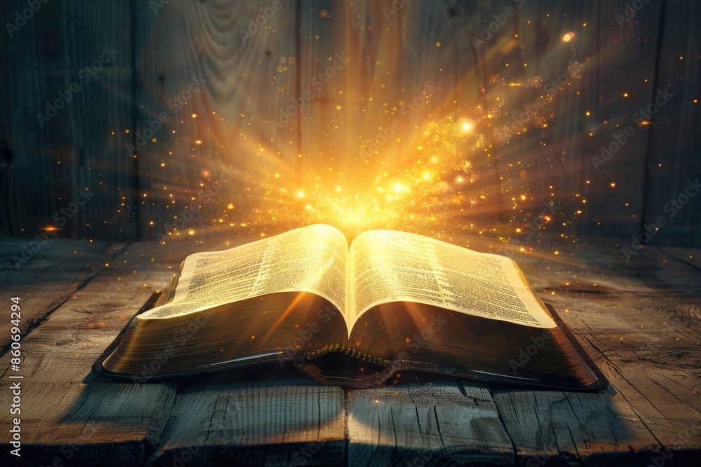 Poster a open book sits on a wooden table, illuminated by a bright light