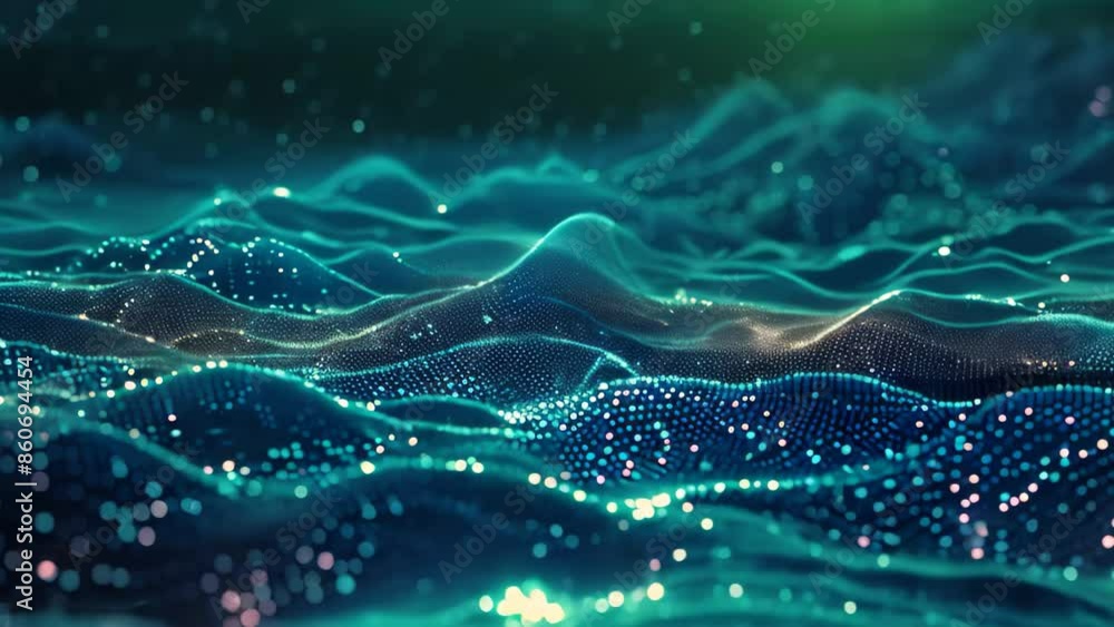 Poster computer-generated mountains and waves create a dynamic landscape, craft a futuristic landscape made