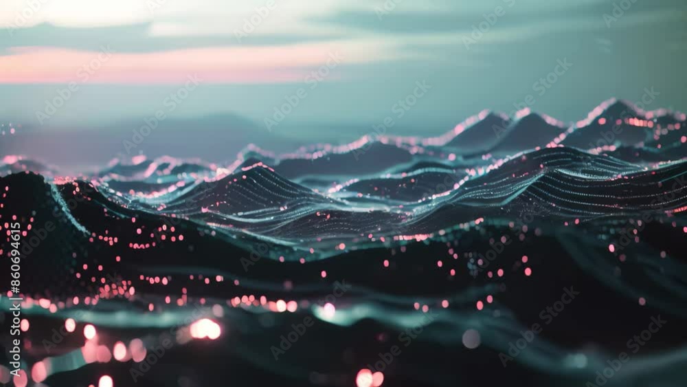 Poster a dynamic wave in the ocean, created using computer-generated technology, craft a futuristic landsca