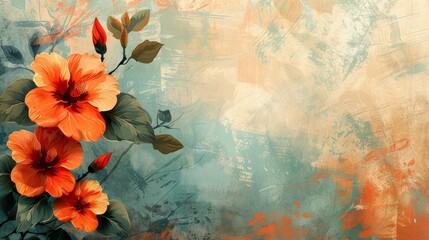 Orange hibiscus floral watercolor painting background