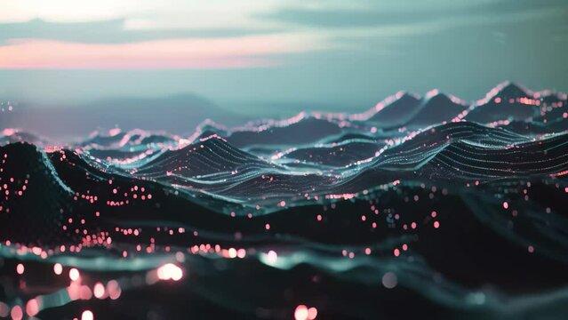 A dynamic wave in the ocean, created using computer-generated technology, Craft a futuristic landscape made up of pulsating data streams