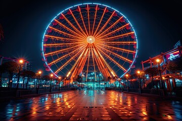 Obraz premium A large Ferris wheel is lit up at night