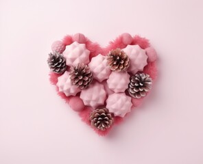 A fluffy pink heart-shaped object adorned with pinecones and star-shaped decorations, all set against a soft pastel pink background for a cozy and artistic look.