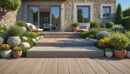 Aménagement d'un jardin minéral devant la maison en pierre, avec bordure, galets, pavés, terrasse en bois, design extérieur -