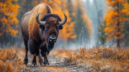 Bison Walking Through Autumn Forest