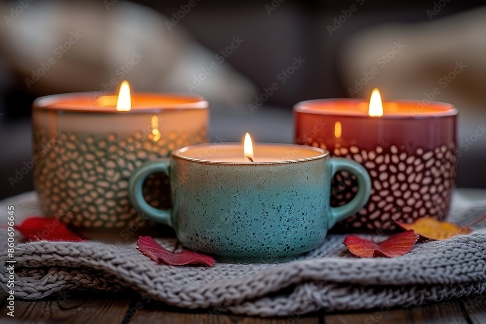 Poster three candles in different colored cups on a table with a blanket underneath