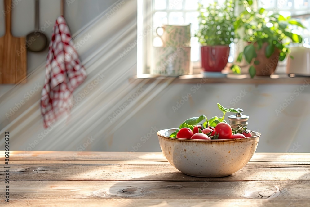 Poster bowl of fresh tomatoes on a rustic wooden table with sunlight streaming through a window