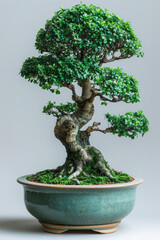 A small tree is in a black pot.