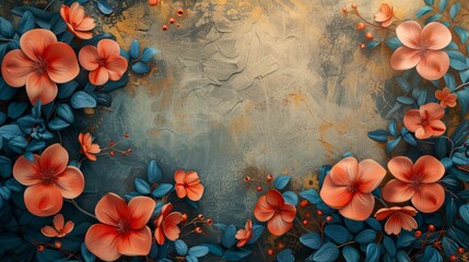 Orange flowers and blue leaves on textured background